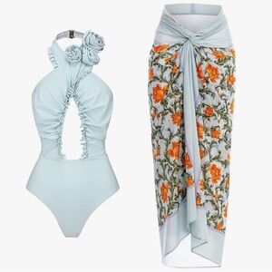 NWOT Floral Wrap-Front Cutout One Piece with Sarong Skirt